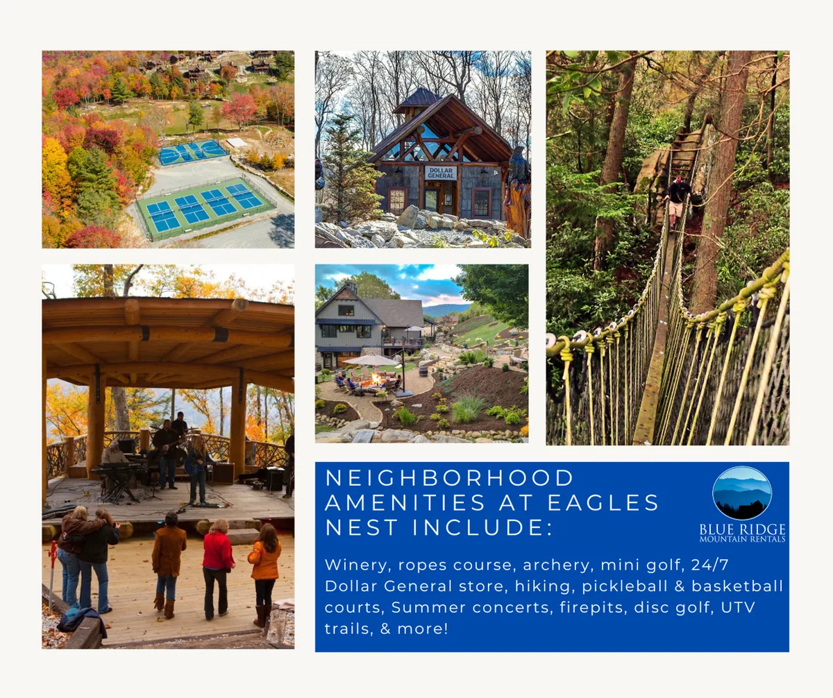 A vibrant and lively exterior scene at Eagles Nest resort, featuring the ropes course, archery range, mini-golf area, and a concert stage set against a scenic mountain backdrop. Active guests are visible enjoying outdoor concerts, hiking, and engaging in recreational activities, all beneath a festive, adventurous atmosphere.